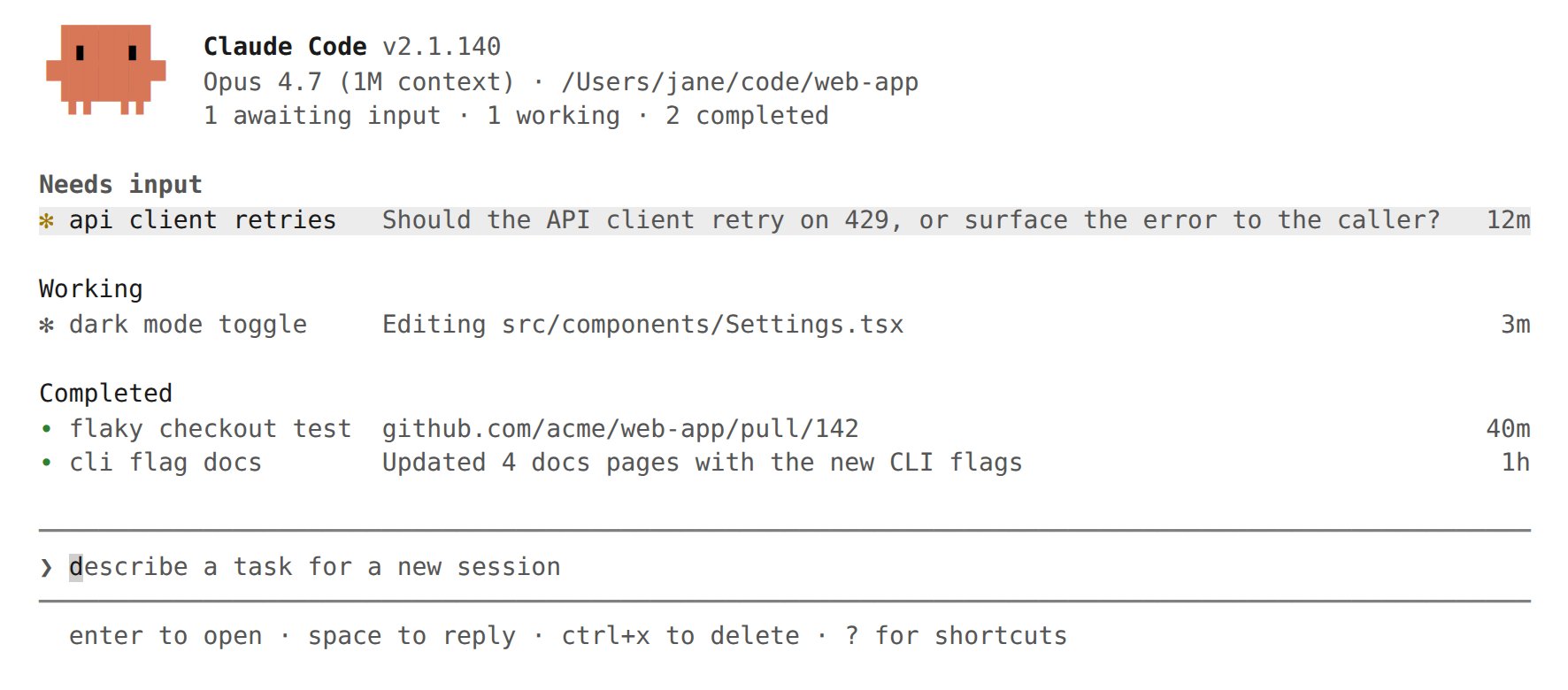 Agent view trong terminal: header hiện phiên bản Claude Code, model, working directory, và số lượng tóm tắt. Session được nhóm theo Needs input, Working, Completed, kèm ô dispatch bên dưới và footer gợi ý phím tắt.
