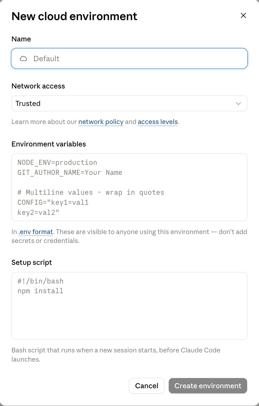 Dialog "New cloud environment" gồm field Name, bộ chọn Network access (mặc định Trusted), ô Environment variables theo format .env, ô Setup script mô tả là Bash script chạy khi session mới khởi động trước khi Claude Code launch, và nút Cancel/Create environment.