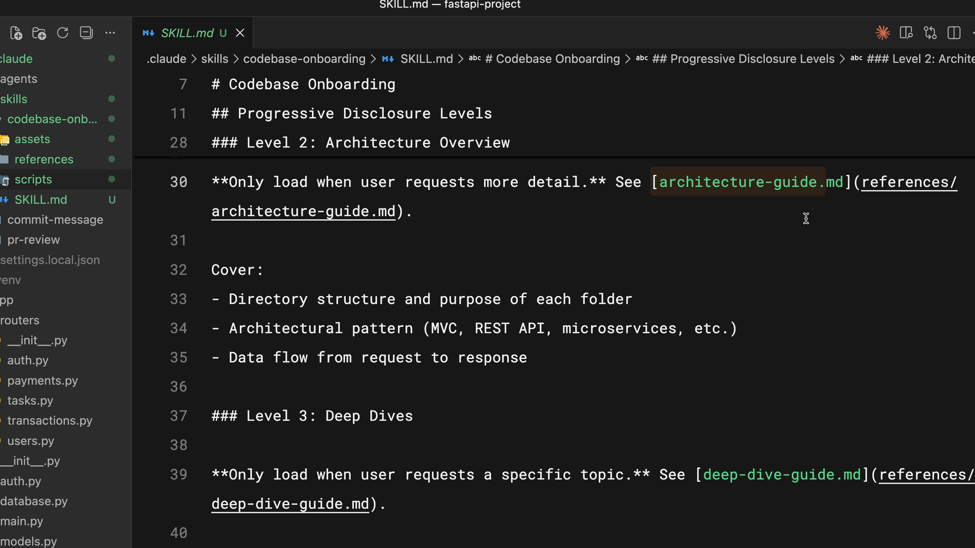 Cấu trúc thư mục skill với các thư mục con scripts, references, và assets