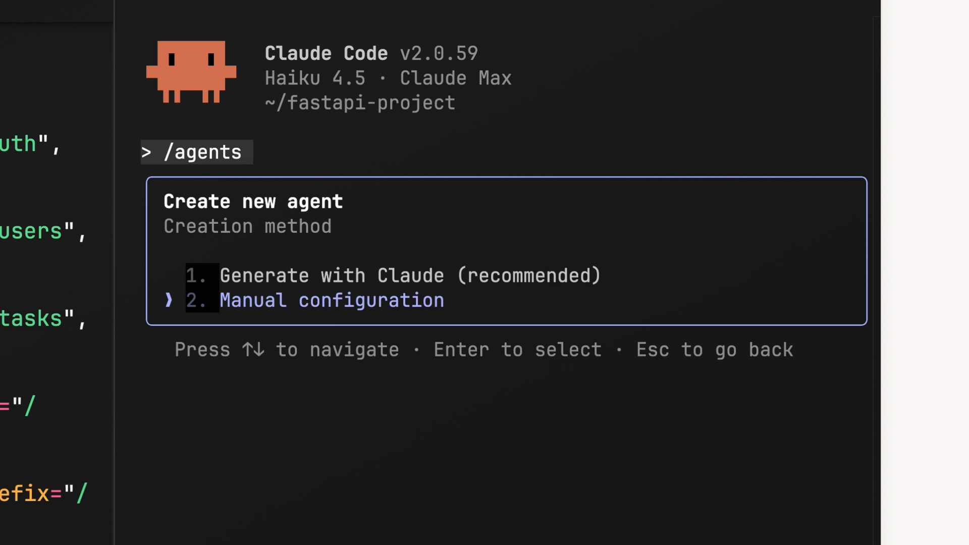 Luồng tạo agent mới trong Claude Code, với hai lựa chọn "Generate with Claude (recommended)" và "Manual configuration"