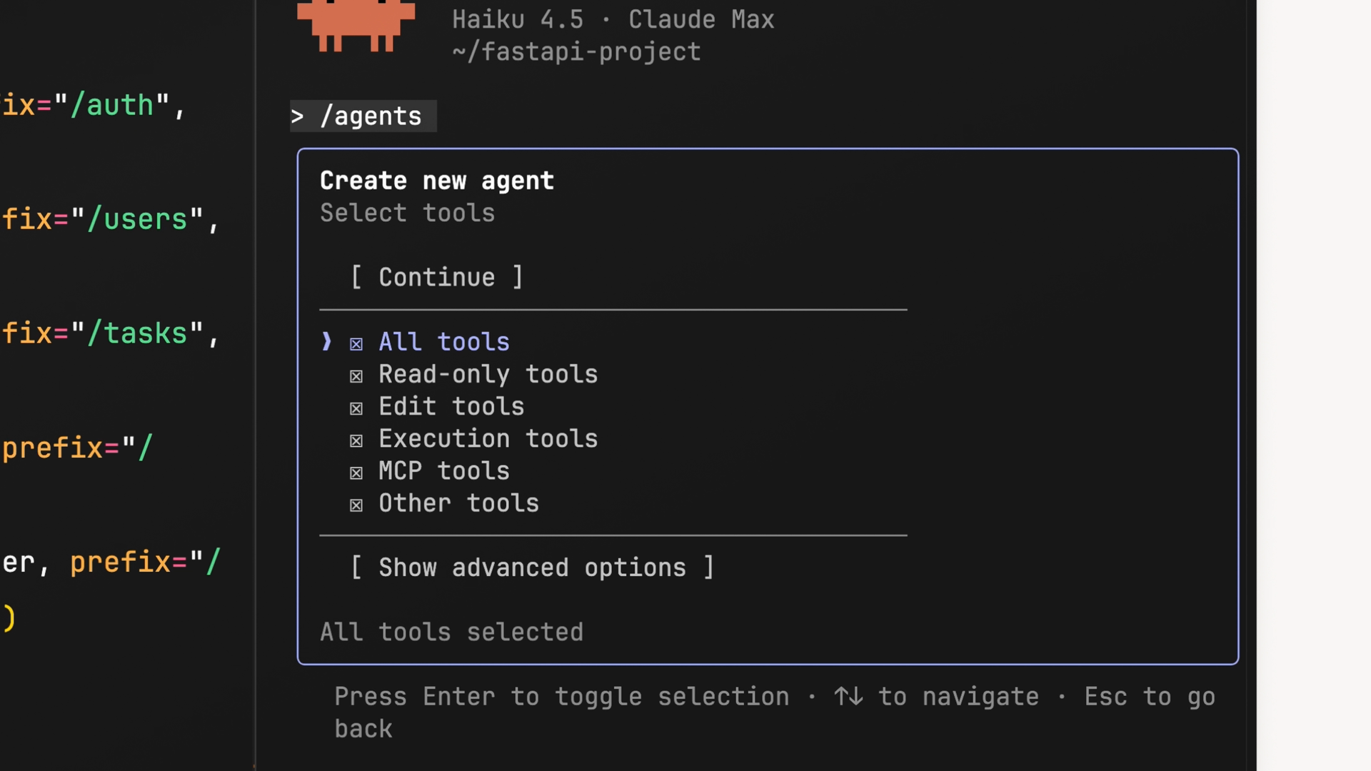 Bước "Select tools" trong quá trình tạo agent, với các checkbox cho All tools, Read-only tools, Edit tools, Execution tools, MCP tools, và Other tools