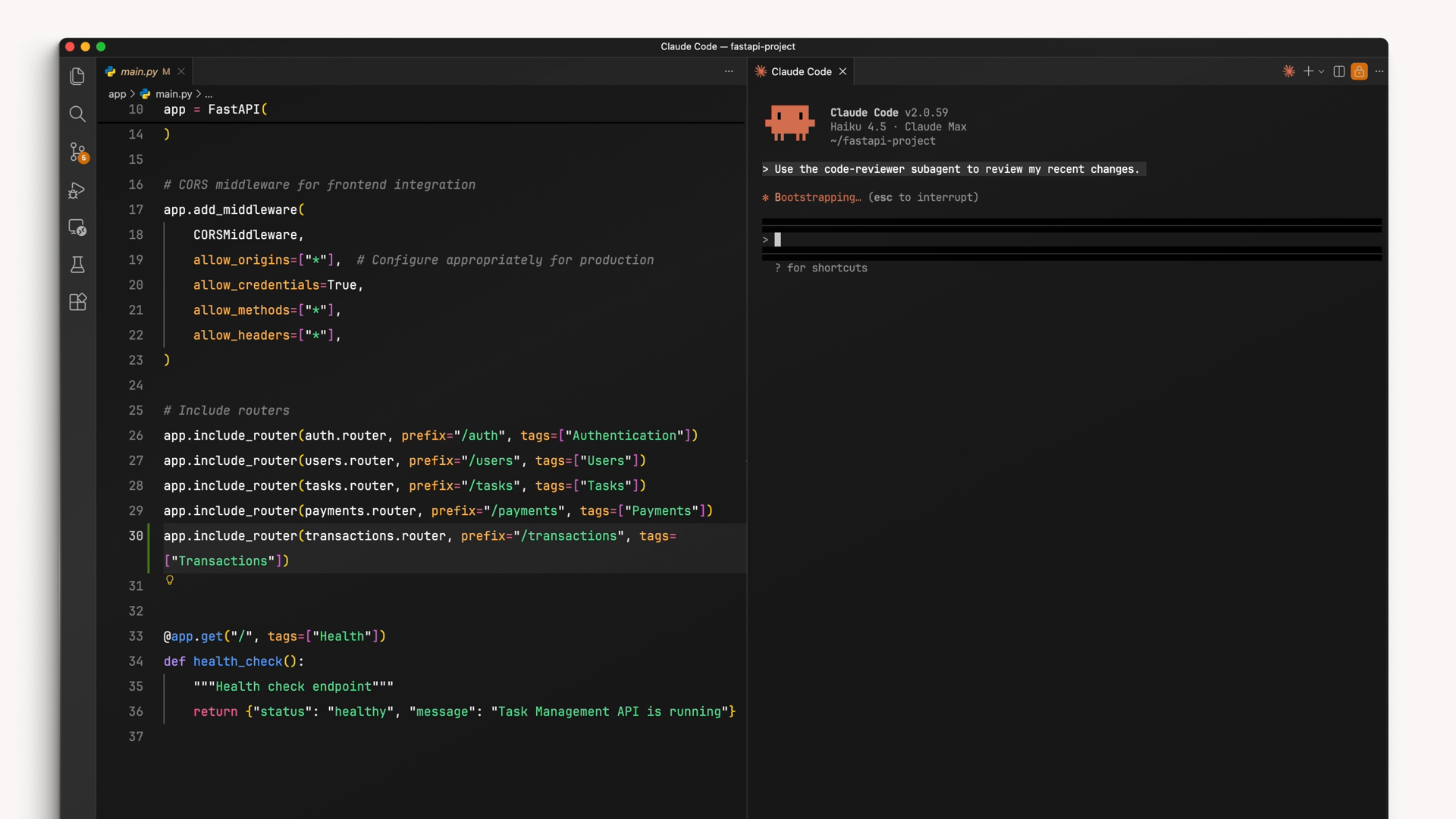 Một code editor mở project FastAPI với Claude Code ở panel bên cạnh, được yêu cầu dùng subagent code-reviewer để review các thay đổi gần đây