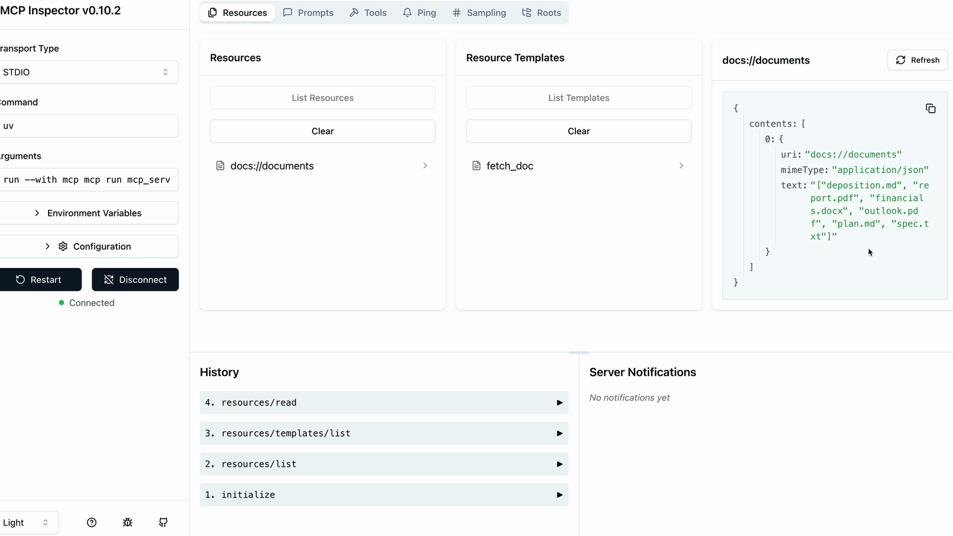 MCP Inspector với tab Resources mở, hiển thị resource docs://documents và template fetch_doc, cùng response JSON