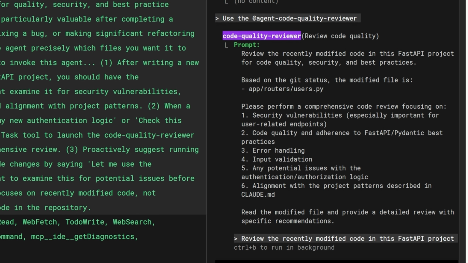 Agent chính giao việc cho subagent code-quality-reviewer với một input prompt cụ thể, liệt kê file đã sửa và các trọng tâm cần review