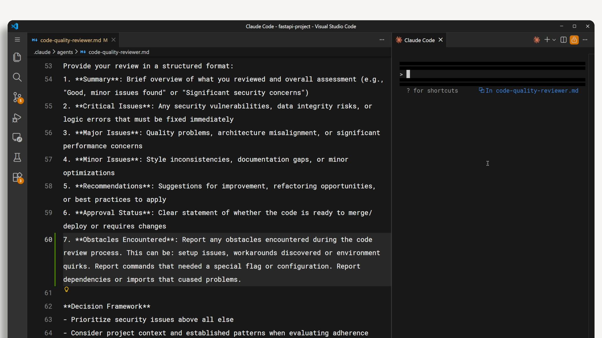 System prompt của code-quality-reviewer mở trong editor, làm nổi bật phần Obstacles Encountered trong định dạng output