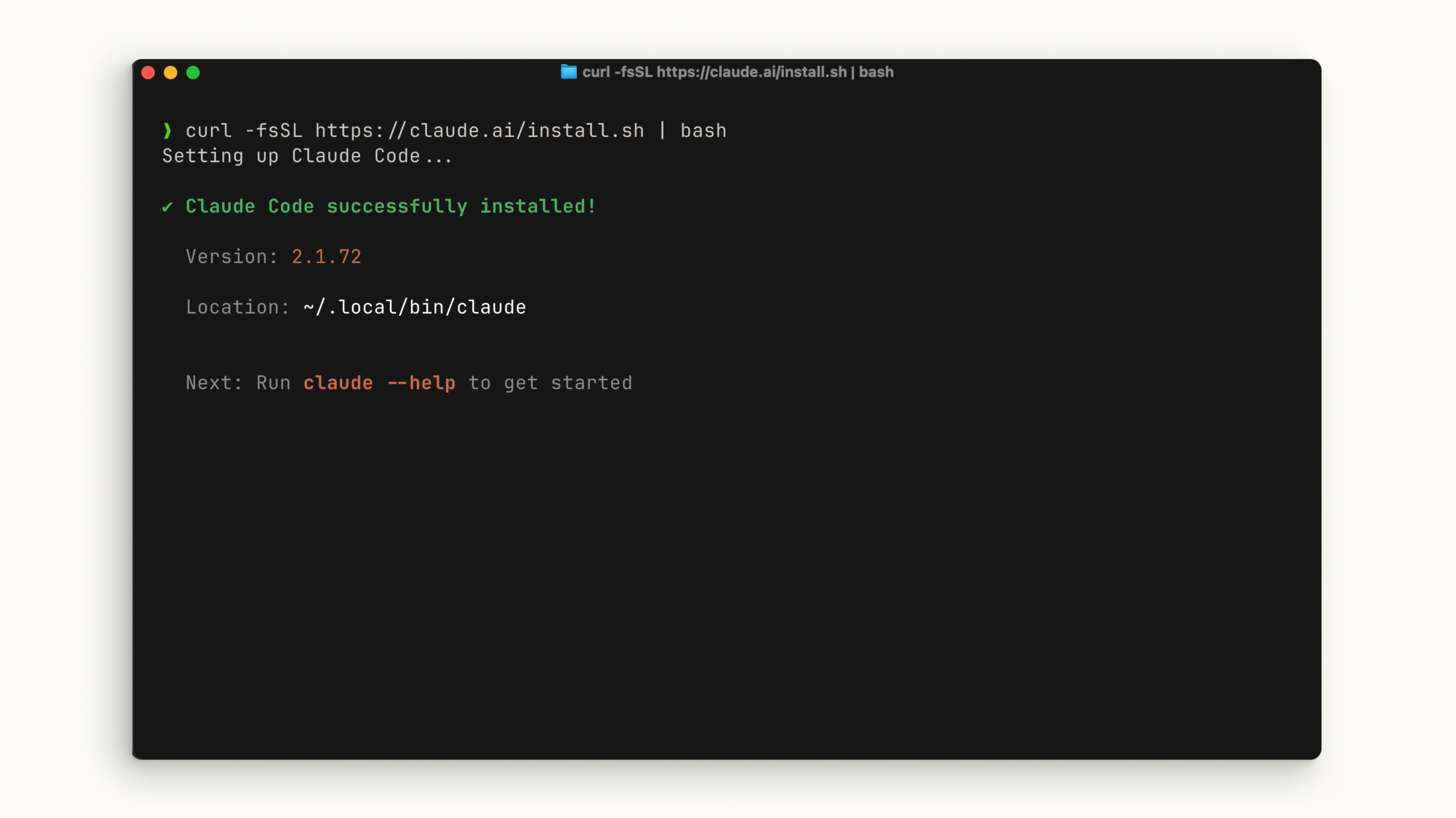 Terminal cho thấy Claude Code cài đặt thành công qua lệnh curl