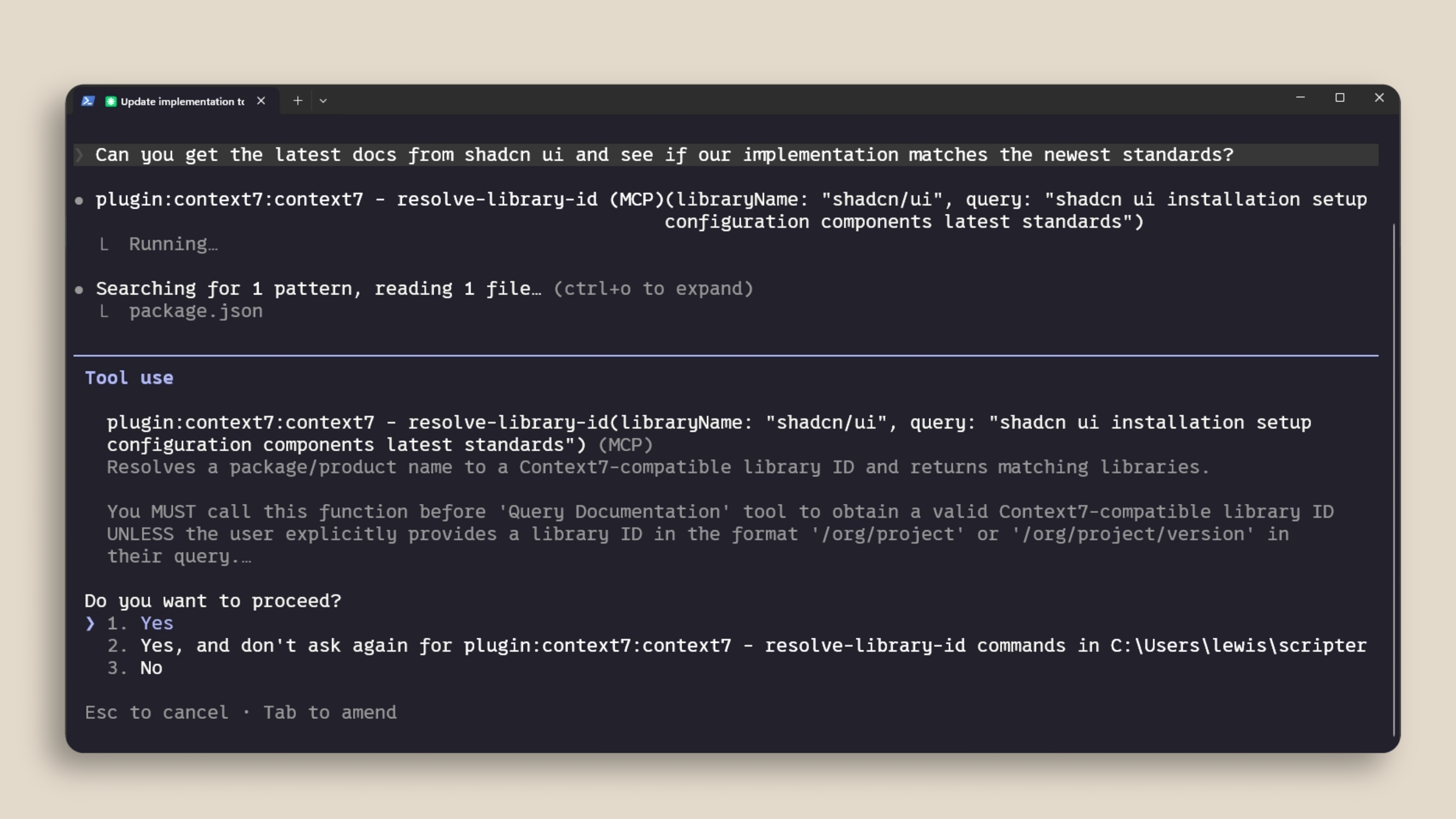 Claude Code dùng MCP server Context7 để tra tài liệu shadcn/ui mới nhất
