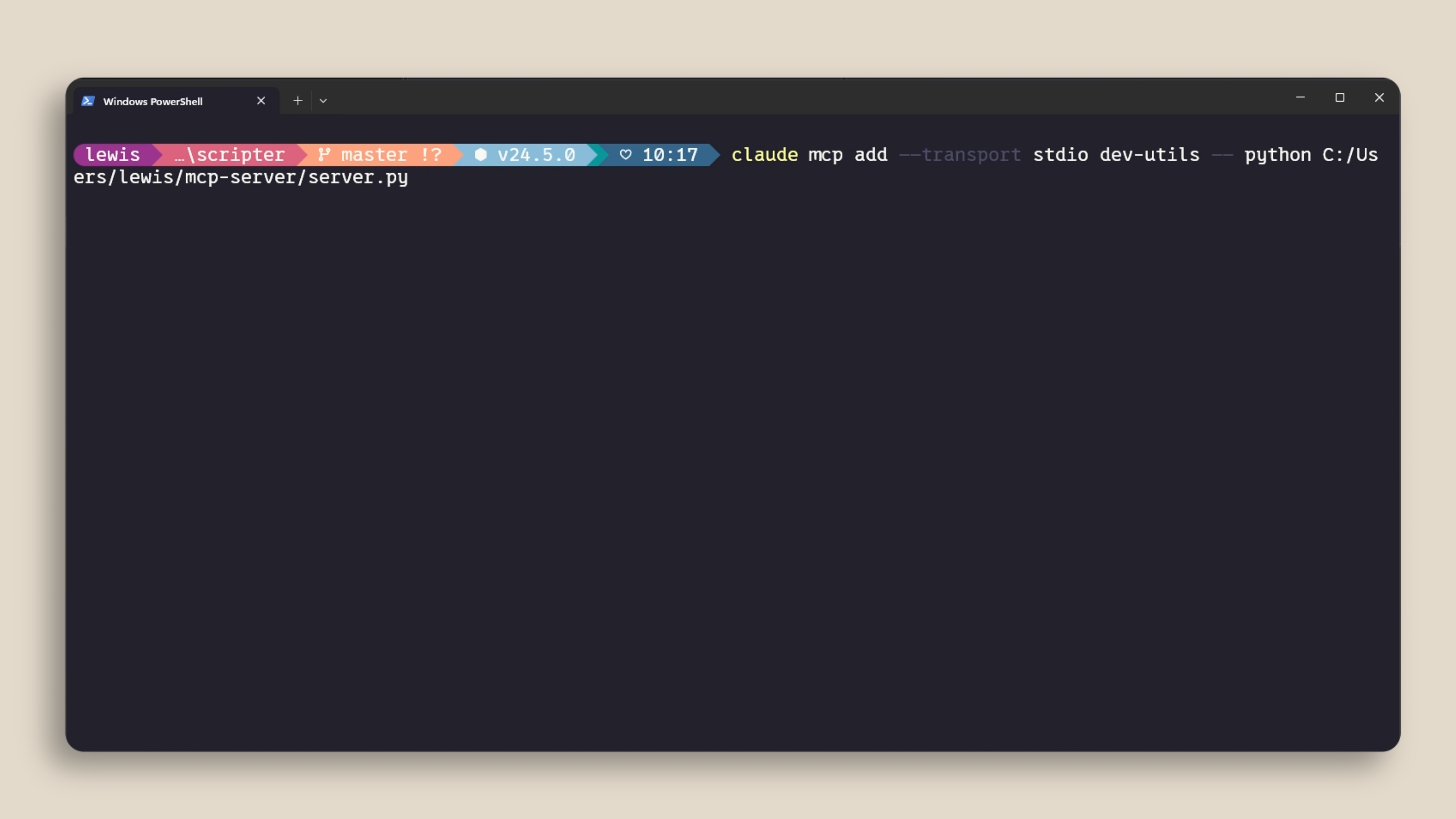 Chạy claude mcp add để thêm một stdio MCP server cục bộ bằng script Python