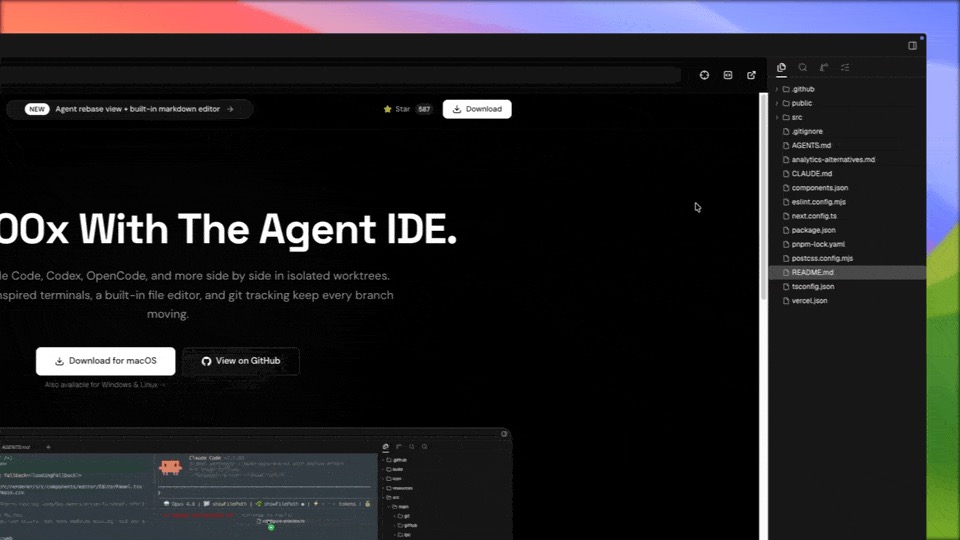 Pane trình duyệt theo từng worktree với address bar và dải tab