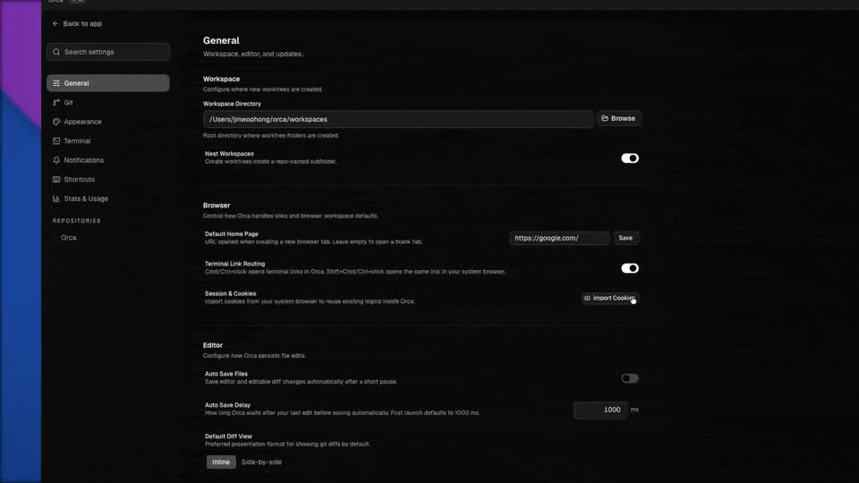 Tab trình duyệt theo từng worktree với session được giữ lại - một click để import cookie từ Chrome hoặc Edge. Đăng nhập Google không được import; đăng nhập Google trực tiếp trong Orca.