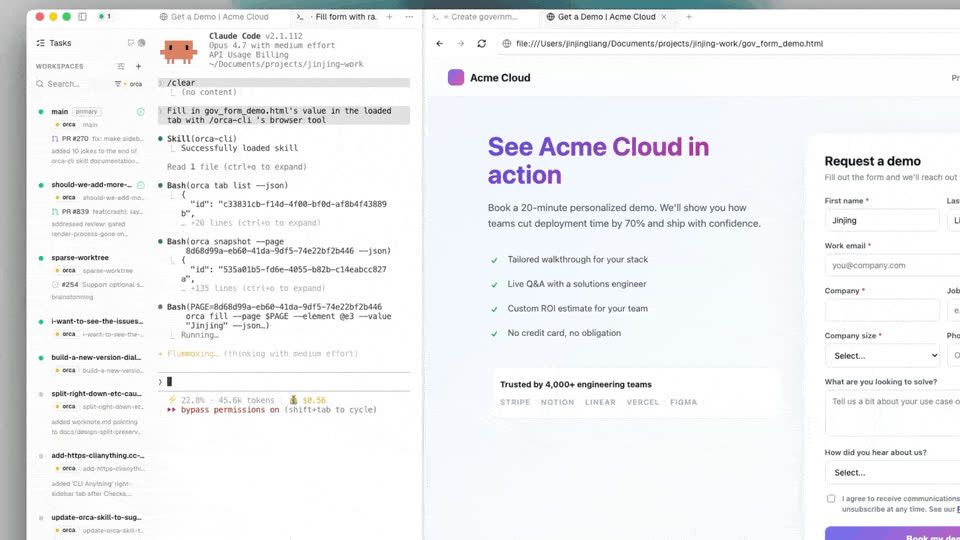 Agent điều khiển trình duyệt built-in của Orca qua CLI - cùng tab, cùng session