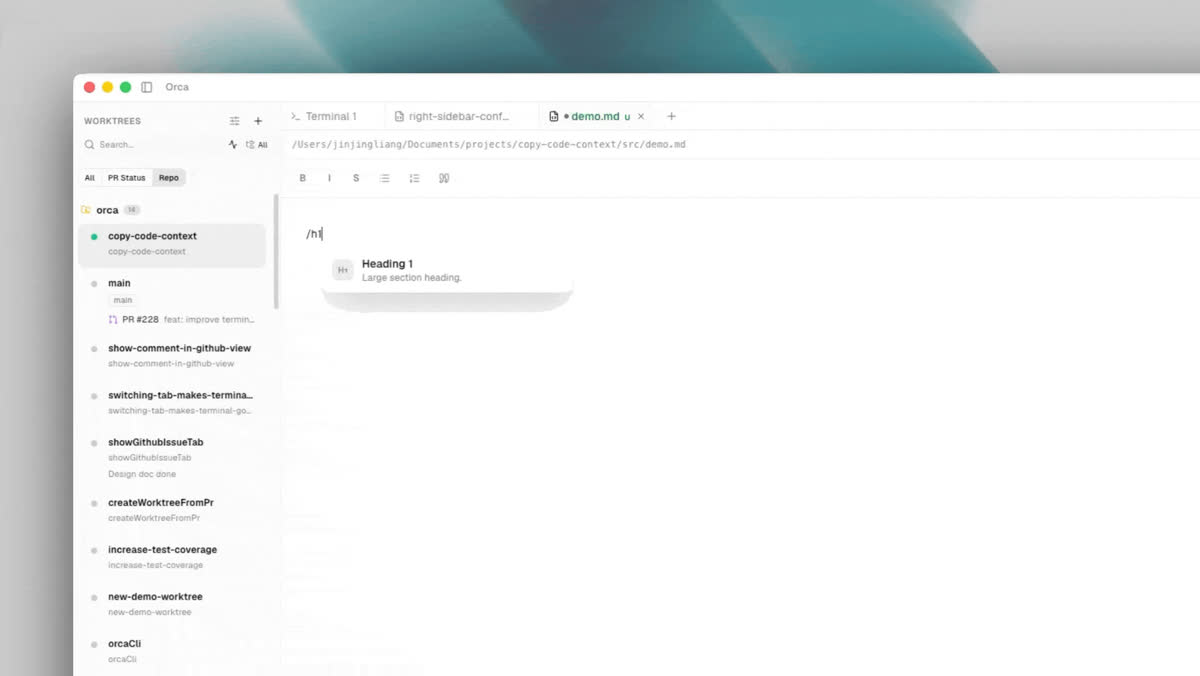 Rich markdown editor - slash menu, preview inline, autocomplete link nội bộ
