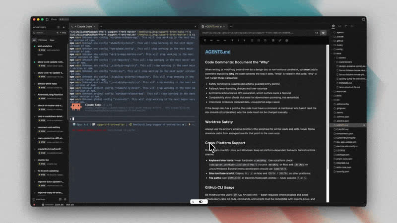 Cửa sổ chính của Orca: sidebar liệt kê worktree, các pane chia đôi gồm terminal agent và diff view