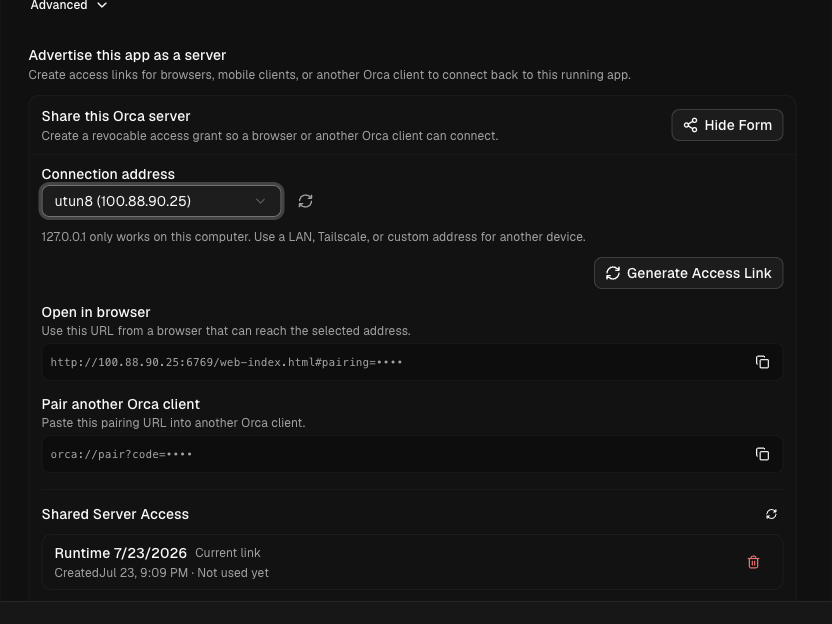 Trên server: chọn địa chỉ Tailscale, tạo access link, và copy pairing URL đã che bớt. Quyền cấp có thể thu hồi sau