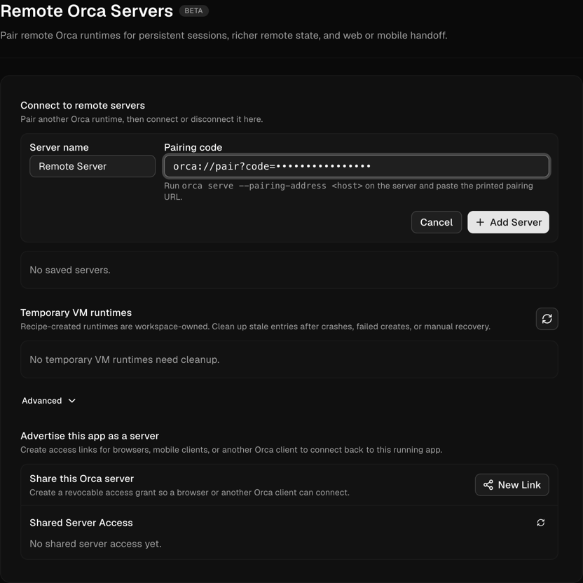 Trên client: đặt tên server, dán access link của nó, và thêm vào. Mã pairing đã bị che trong ví dụ này