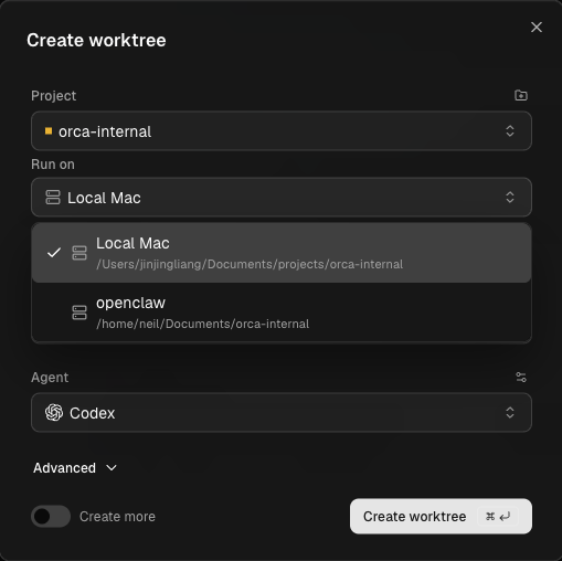 Create worktree → Run on - chọn Local hoặc một host remote đã cấu hình (ở đây: openclaw qua SSH)