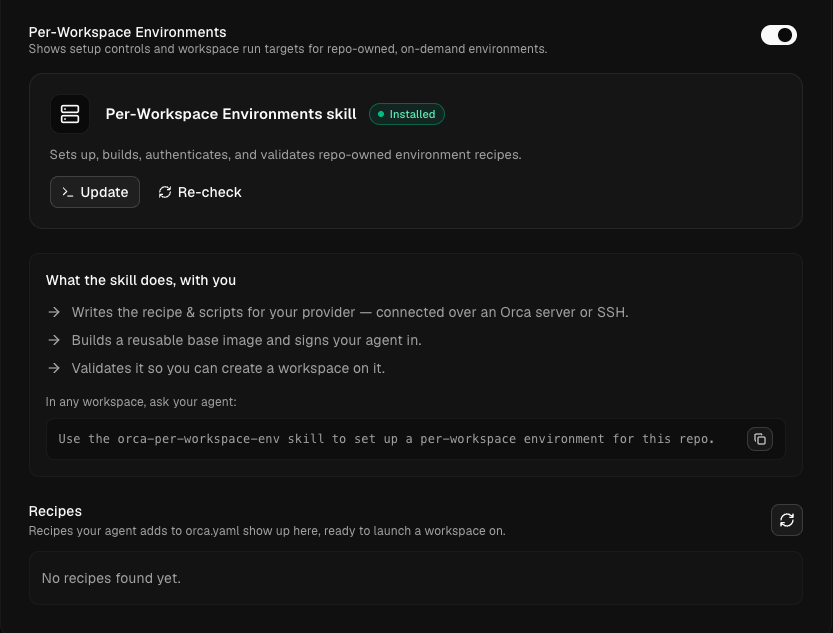 Settings → Experimental → Cloud VM - bật skill, rồi để agent thiết lập một recipe cho repo