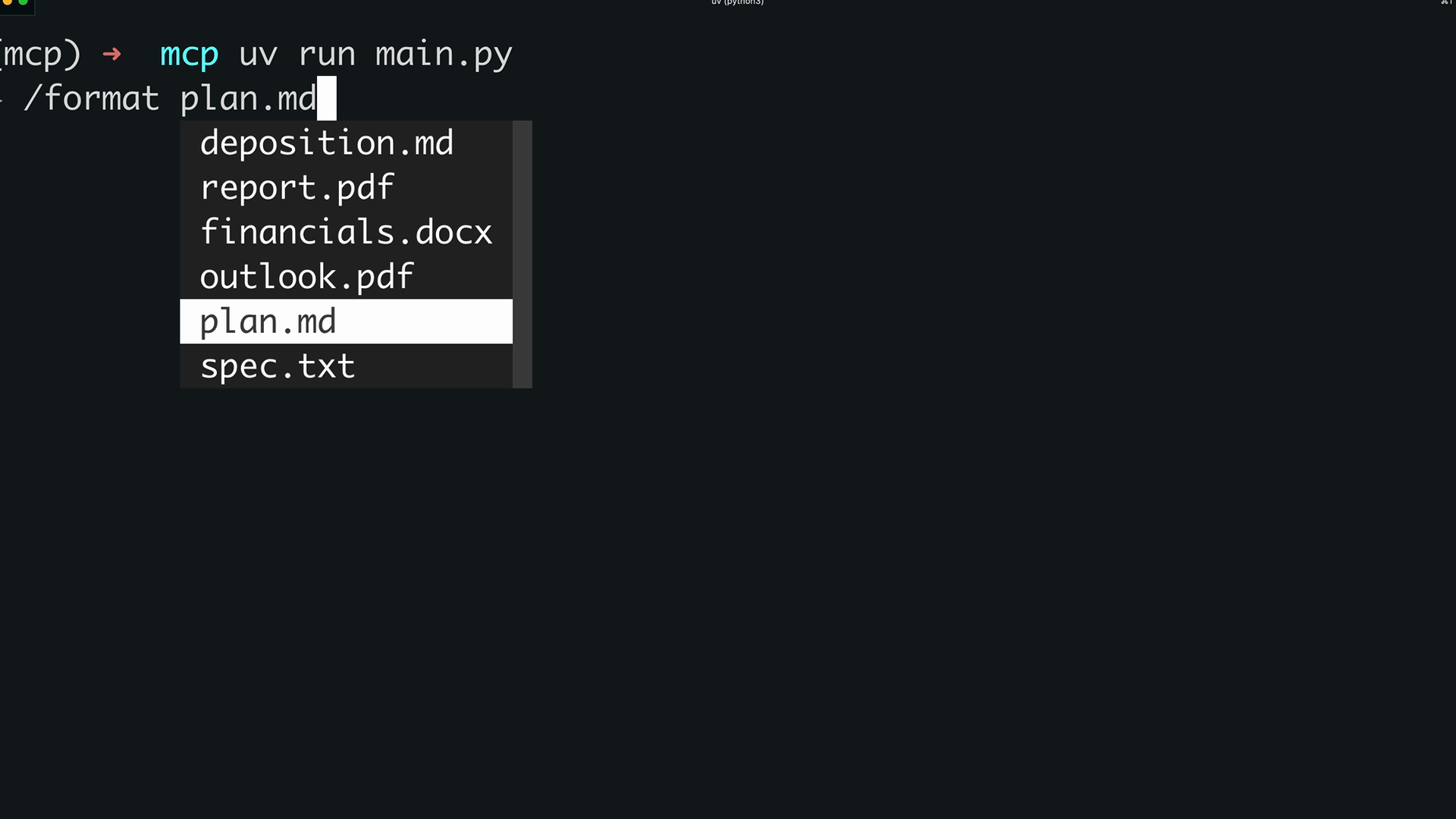 CLI sau khi gõ /format plan.md, hiển thị dropdown các tài liệu khả dụng: deposition.md, report.pdf, financials.docx, outlook.pdf, plan.md, và spec.txt, với plan.md được tô sáng