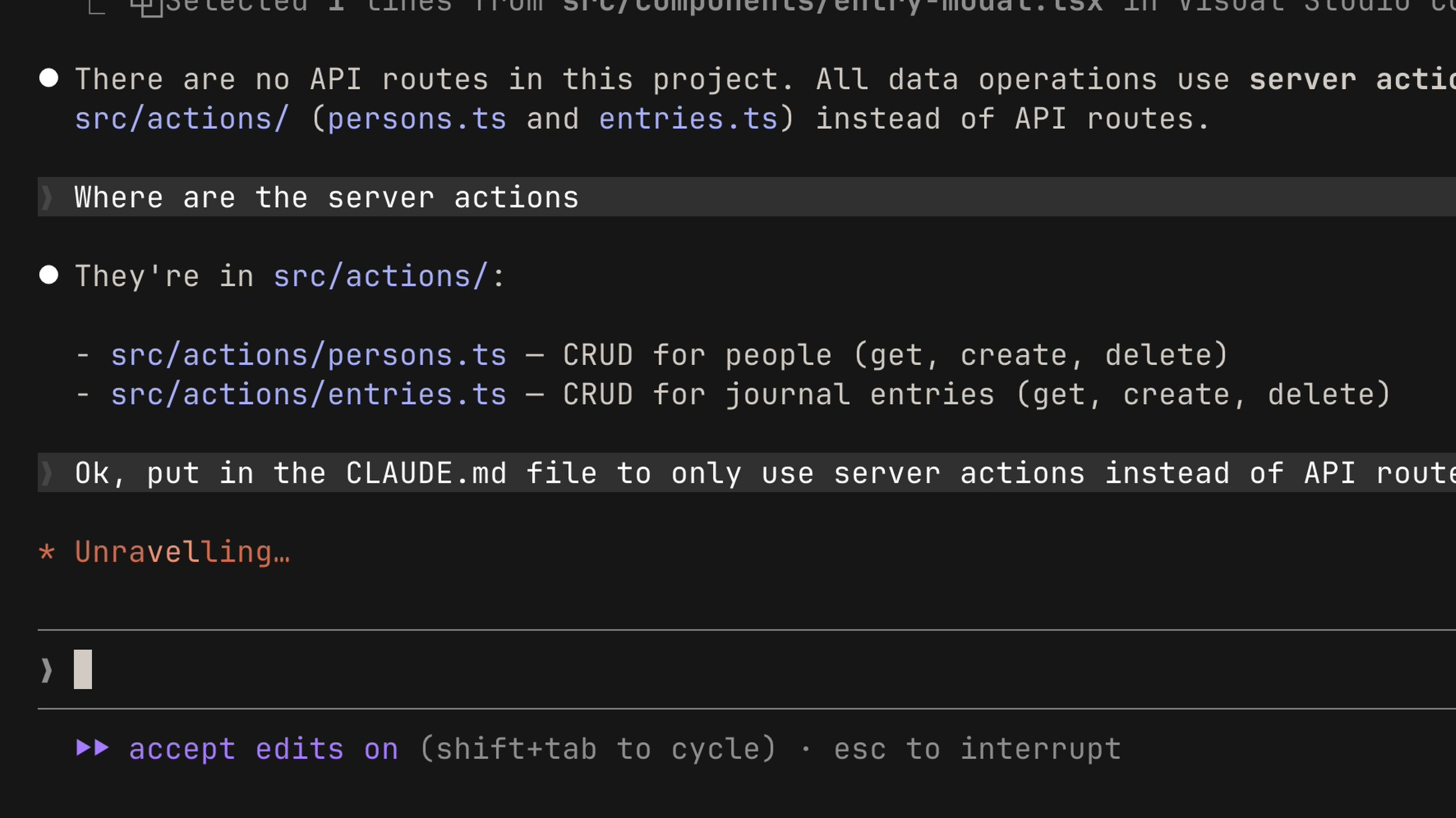 Yêu cầu Claude lưu một quy tắc vào file CLAUDE.md: luôn dùng server action thay vì API route