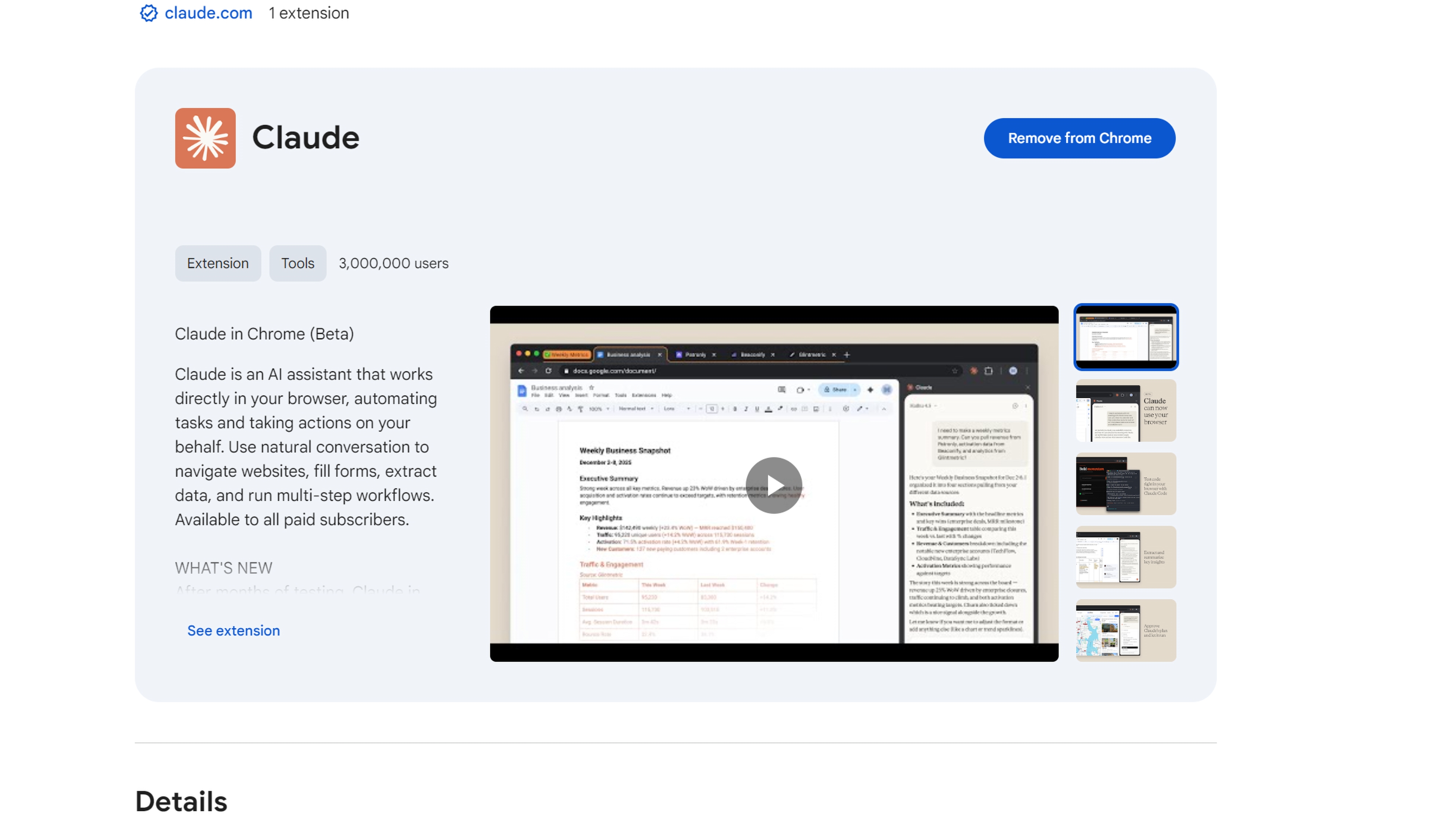 Trang extension Claude in Chrome trên Chrome Web Store