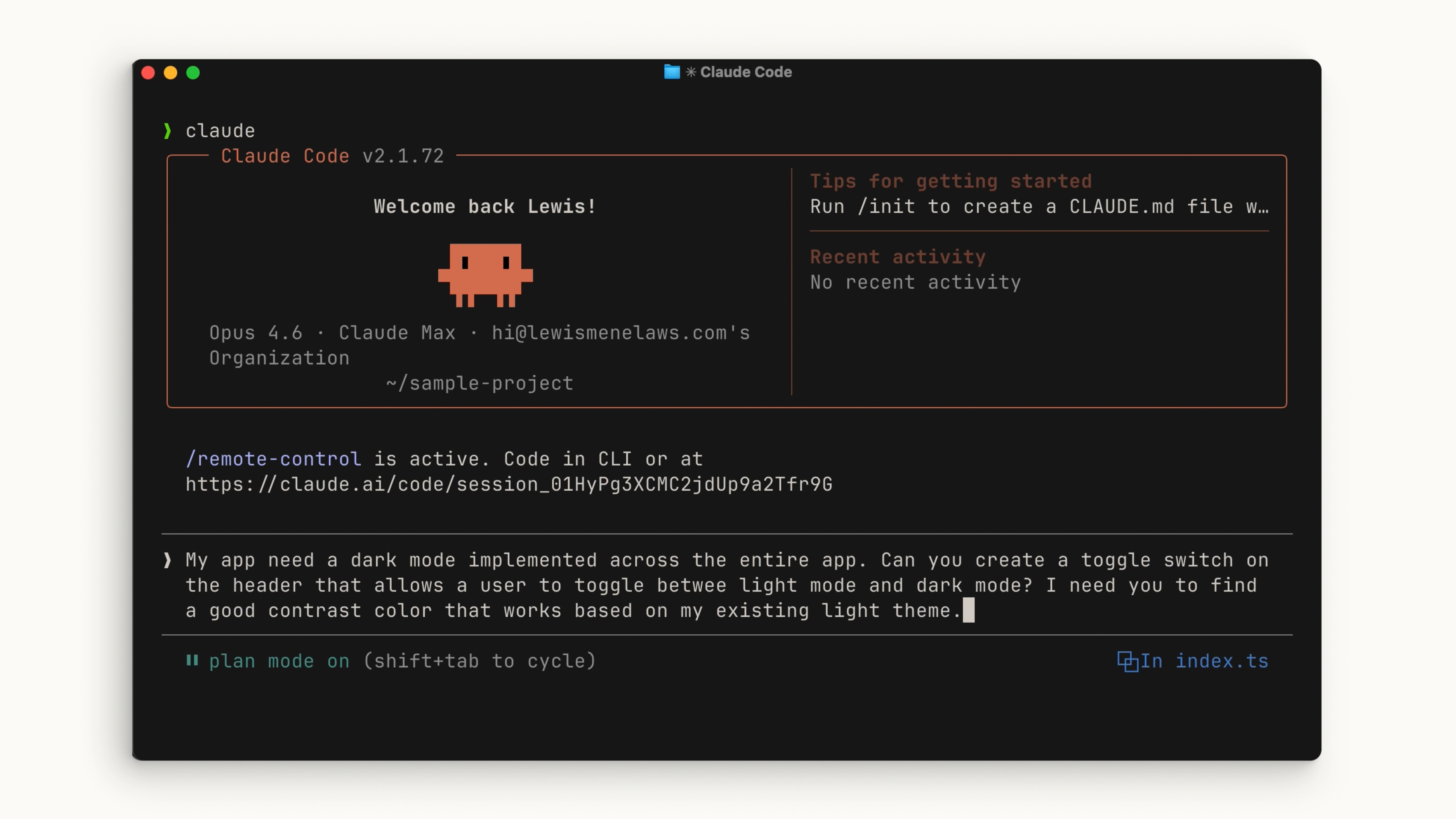 Nhập prompt dark mode vào Claude Code khi đang bật plan mode